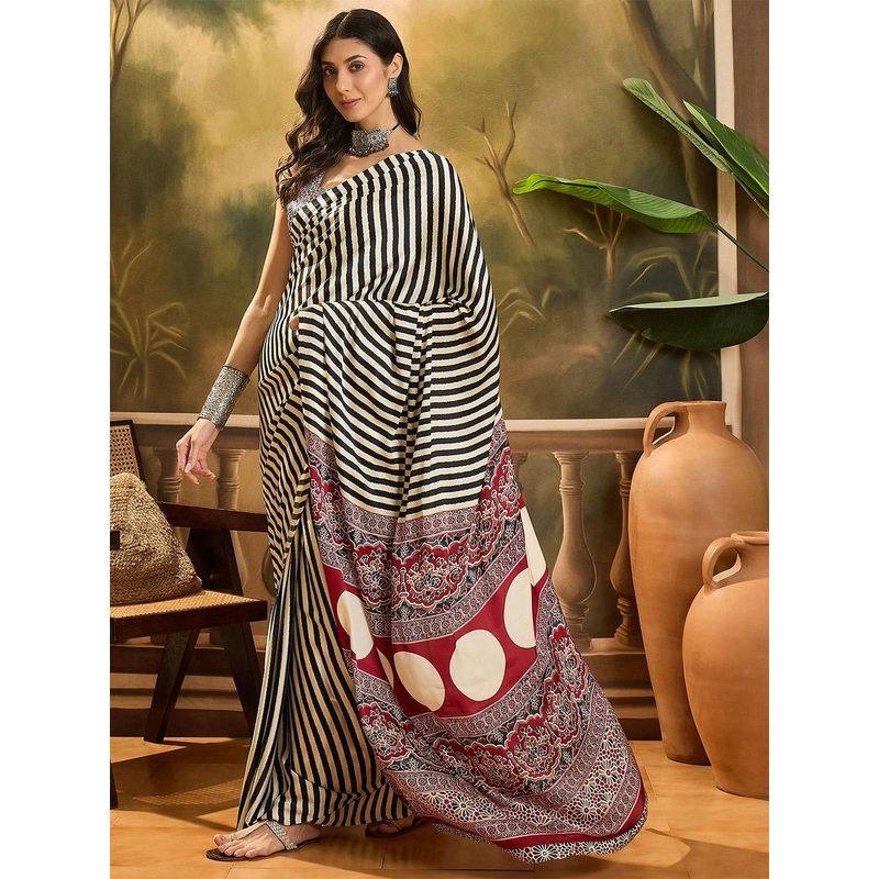 Sangria Striped Printed Saree With Blouse Piece