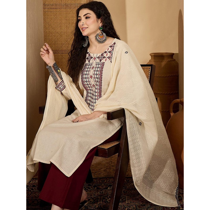 Sangria Women Embroidered Straight Kurta With Palazzos & Dupatta