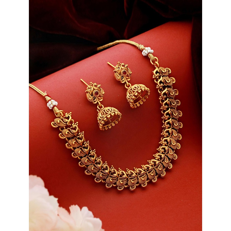 Saraf RS Jewellery Gold-Plated & CZ-Studded Peacock Motif Temple Jewellery Set
