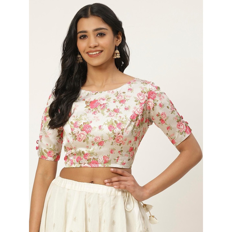 Studio Shringaar Women Off-White & Pink Satin Finish Floral Print Saree Blouse