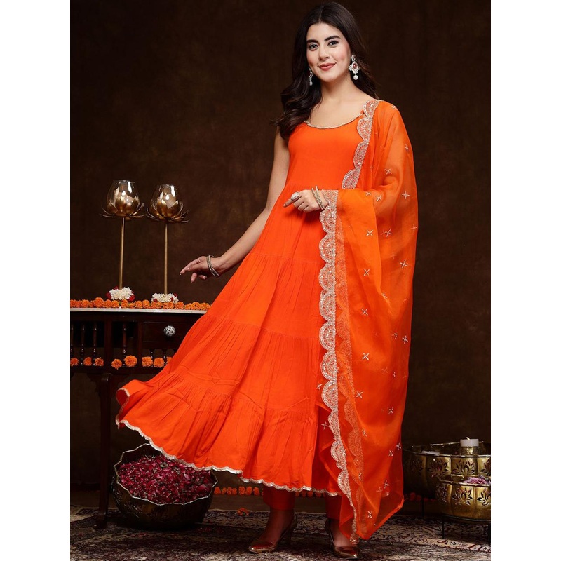 Stylum Orange & White Sleeveless Tiered A Line Kurta & Trousers With Dupatta