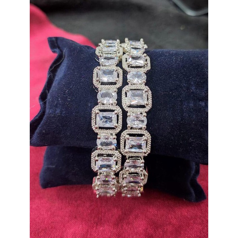The Pari Set Of 2 Rhodium-Plated American Diamond Stone-Studded Bangles