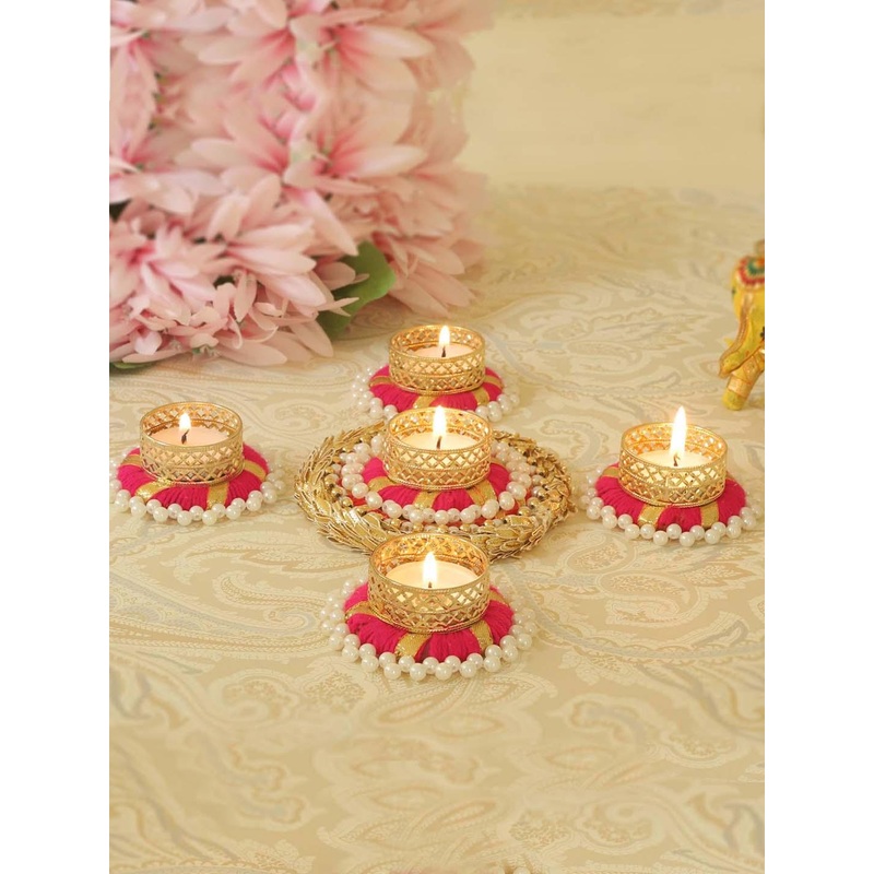 TIED RIBBONS Gold-Toned & Pink Set Of 5 Decorative Candle Holders