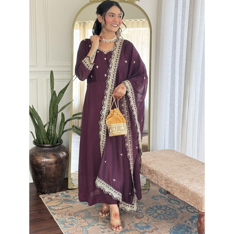TWINS LADY Floral Embroidered Notch Neck Sequinned Anarkali Kurta With Trousers & Dupatta