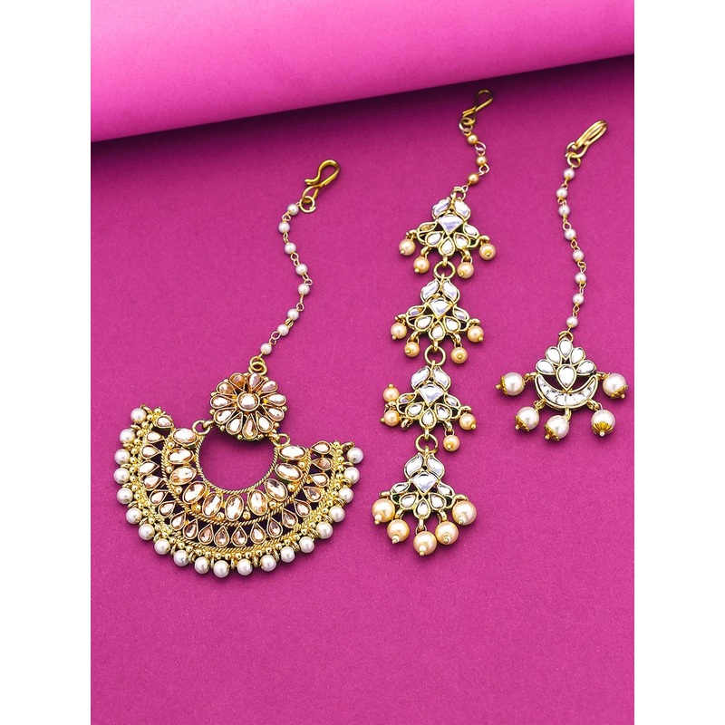 Yellow Chimes Set Of 3 Gold-Plated White & Cream-Coloured Antique Maang Tikka