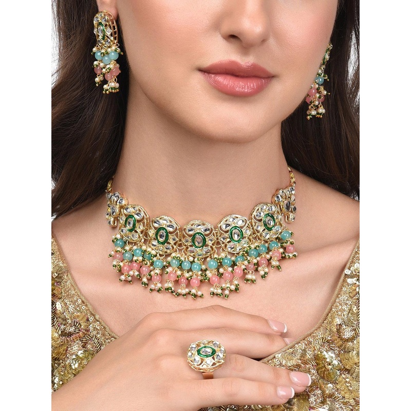 Zaveri Pearls Gold-Plated Pink & Green Beads Cluster Drops Kundan Choker Necklace Earring & Ring Set