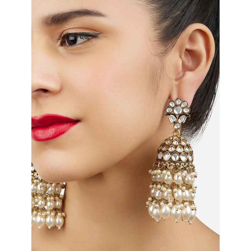Zaveri Pearls Gold-Plated Stones & Beads-Studded Dome-Shaped Jhumkas