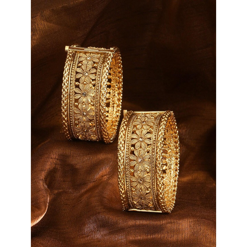 Adwitiya Collection Set Of 2 24 CT Gold-Plated Stone-Studded Flower Openable Bangles