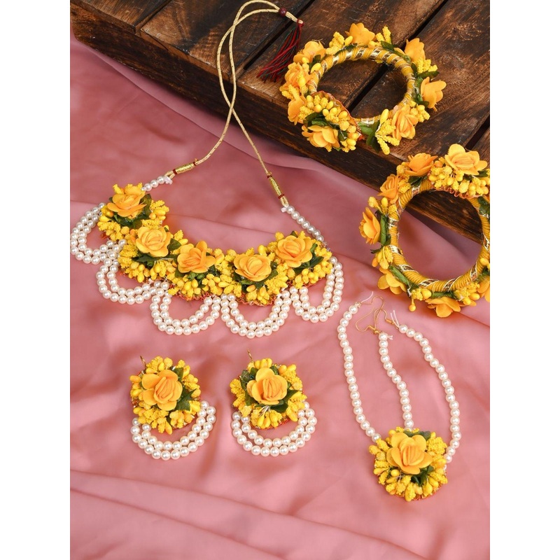 ALAMPATA Artificial Beaded Floral Necklace And Earrings With Bangles & Maang Tika