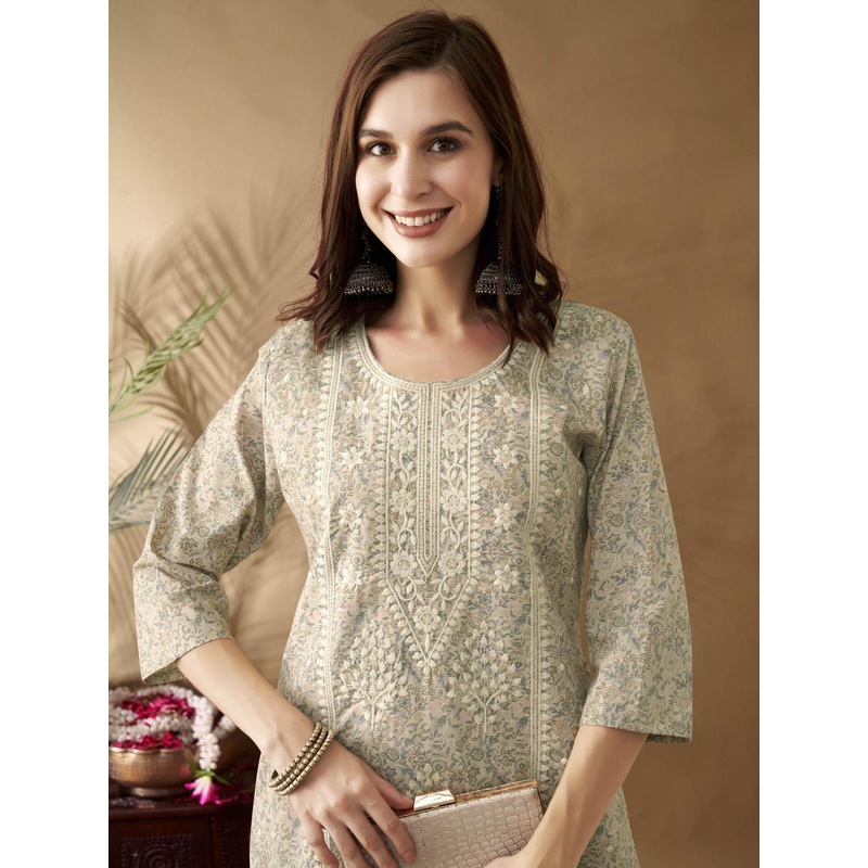 Anouk Cream-Coloured Ethnic Motifs Embroidered Round Neck Thread Work Chanderi Silk Kurta