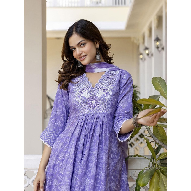 Anouk Floral Embroidered Sequinned Empire A-Line Pure Cotton Kurta With Trousers & Dupatta