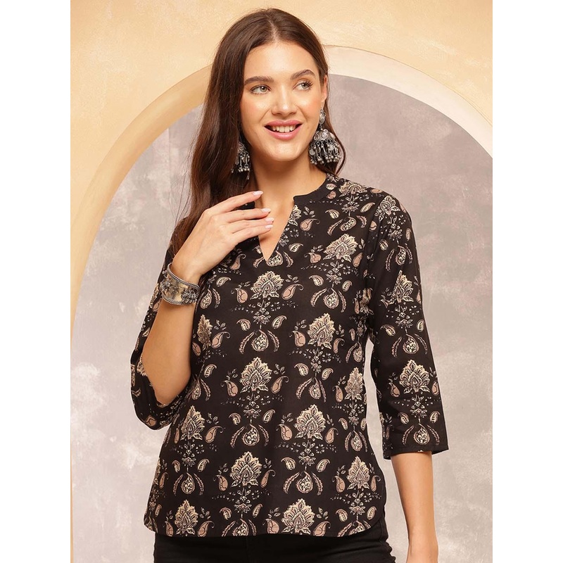 Anouk Rustic Women Floral Printed Mandarin Collar Cotton Top