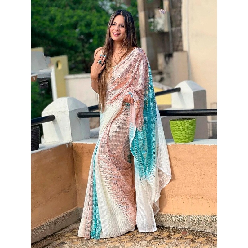 Anouk White & Rose Gold Embellished Sequinned Pure Georgette Saree