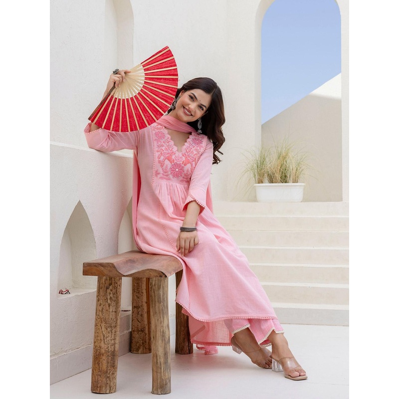 Anouk Women Floral Embroidered Cotton Kurta with Trousers & Dupatta