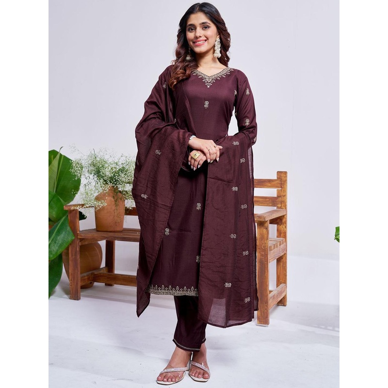 ARADHNA Floral Embroidered V-Neck Straight Kurta With Trousers And Dupatta