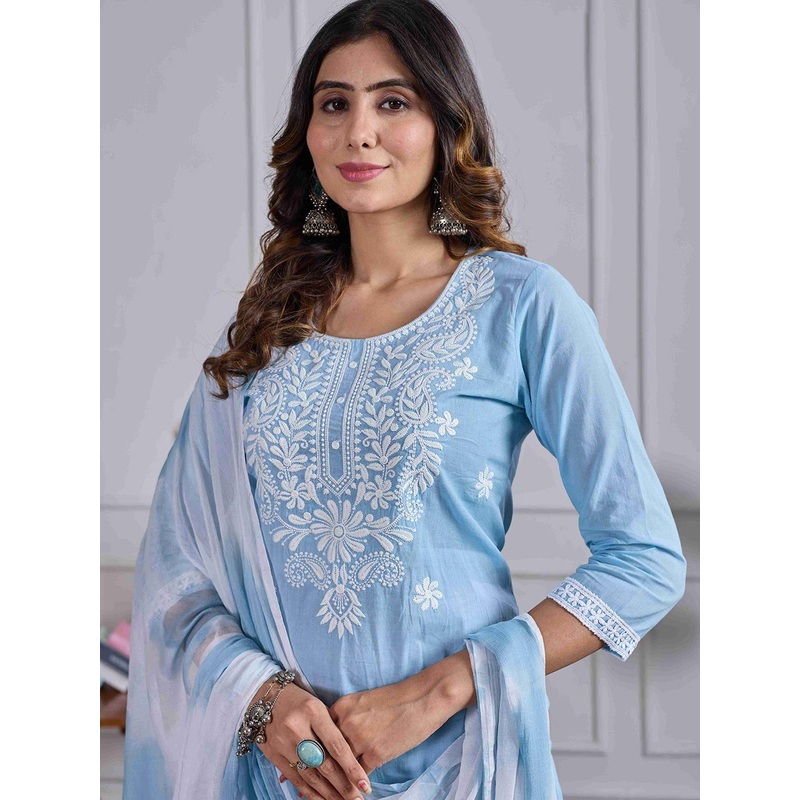 DRUPH & CO Paisley Embroidered Chikankari Pure Cotton Kurta With Trousers & Dupatta