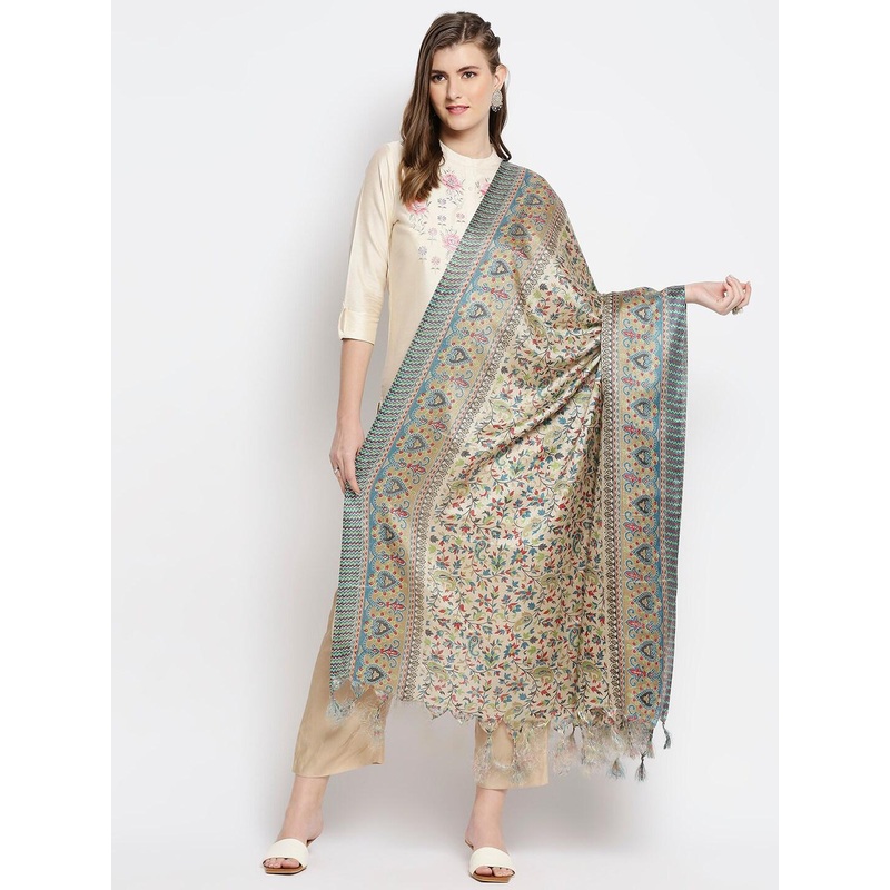 Dupatta Bazaar Beige & Blue Ethnic Motifs Printed Art Silk Dupatta