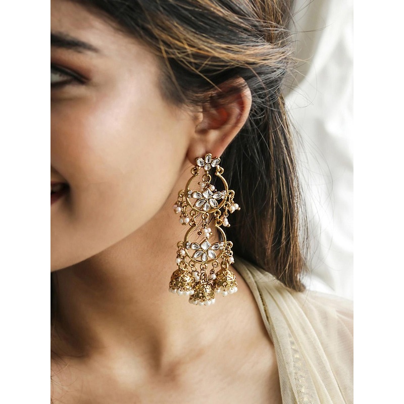 Fida Gold Plated Artificial Stones and Beads Studded Contemporary Chandbalis Earrings