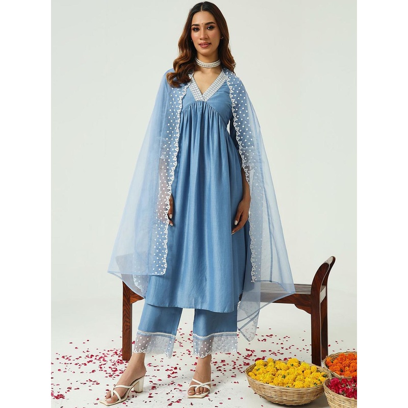 FIORRA V-Neck Mirror Work Pleated A-Line Kurta with Palazzo & Dupatta