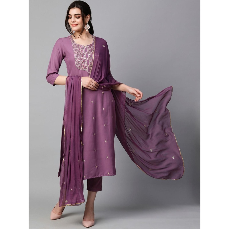 GoSriKi Ethnic Motifs Embroidered Kurta & Trousers With Dupatta