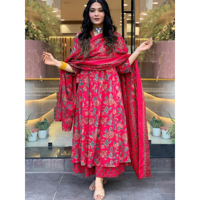 GoSriKi Floral Printed V-Neck Anarkali Kurta With Palazzos & Dupatta