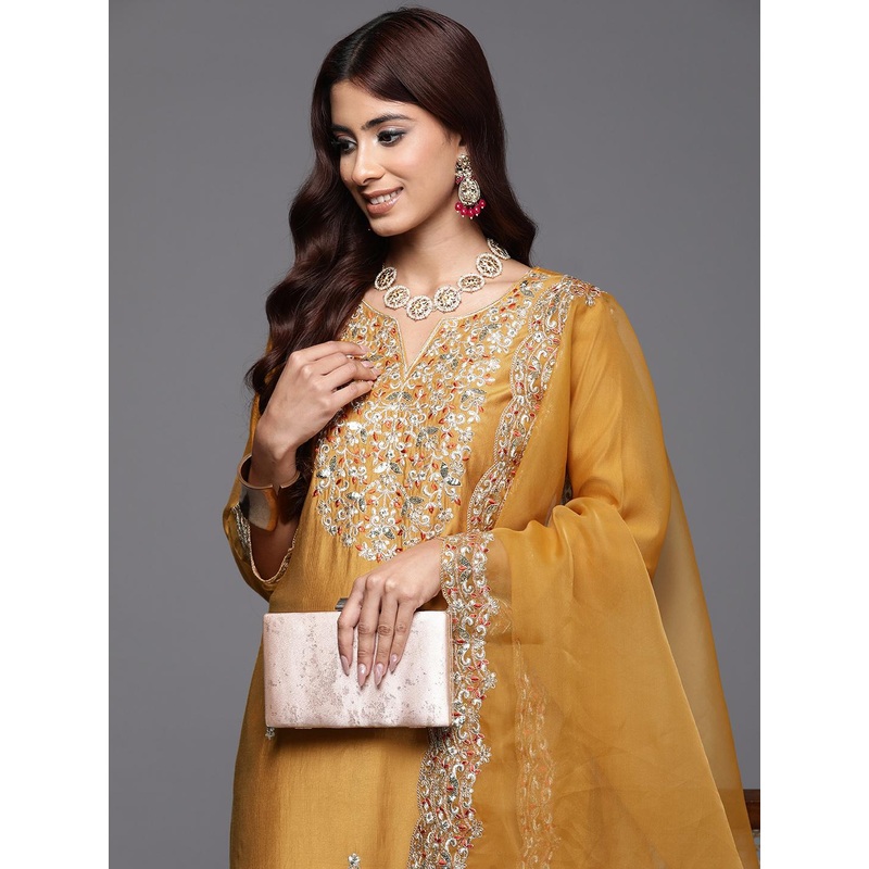 Indo Era Floral Embroidered Sequinned Liva Kurta with Trousers & Dupatta