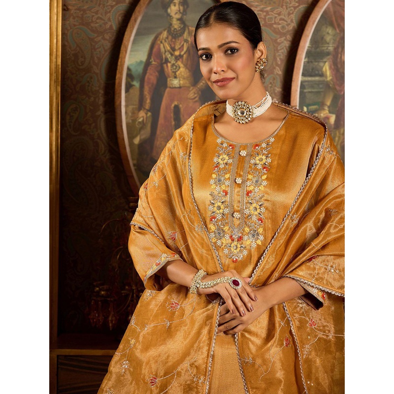 Indo Era Floral Embroidered Thread Work Liva Straight Kurta with Trouser & Dupatta