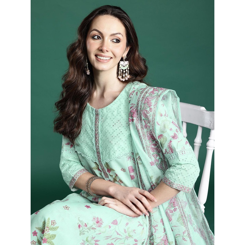 Indo Era Floral Printed Regular Kurta with Trousers & Dupatta