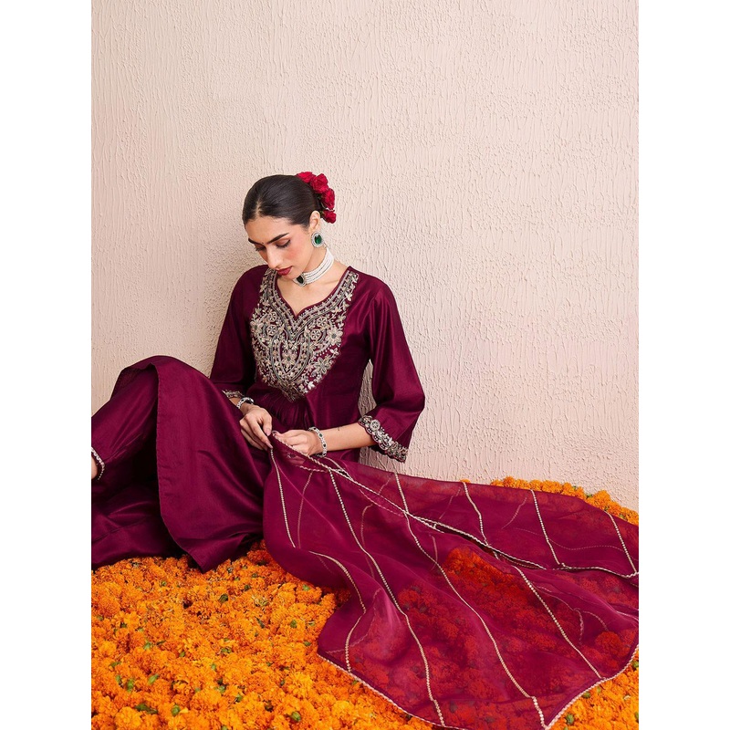 Indo Era Women Floral Embroidered Pleated Thread Work Liva Kurta with Palazzos & With Dupatta
