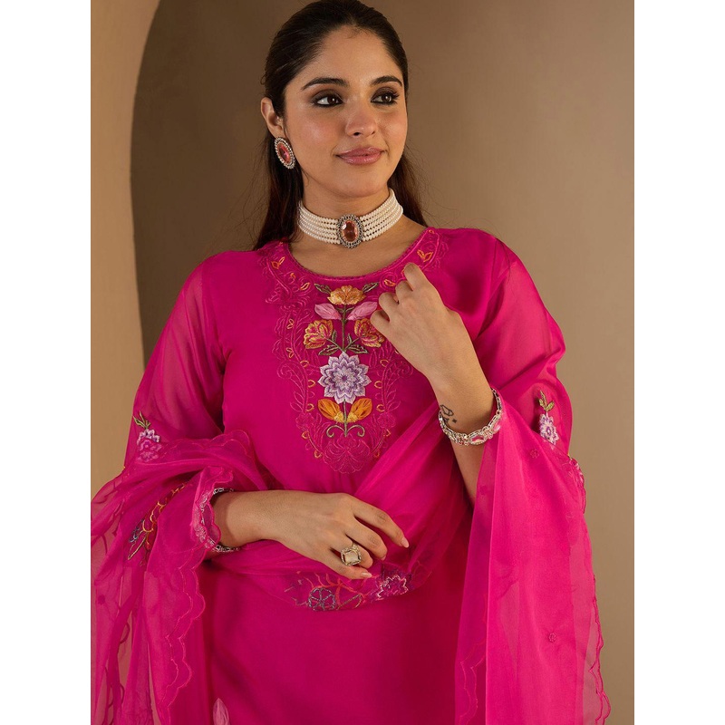 Indo Era Women Floral Embroidered Thread Work Kurta With Trousers & Dupatta Kurta Sets
