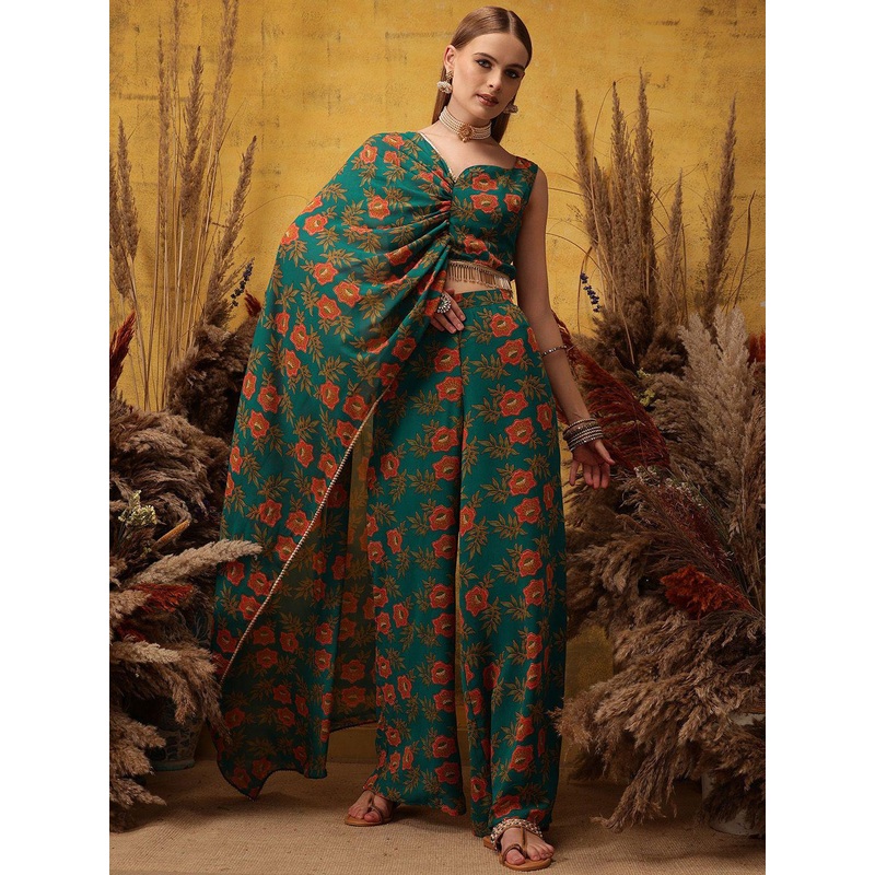 indo street Floral Printed Sweetheart Neck Top With Palazzo