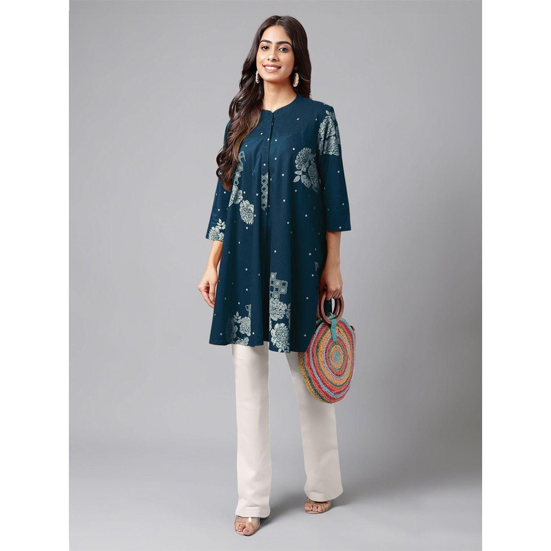 Janasya Women’s Teal Blue Pure Cotton Floral Printed Flared Tunic