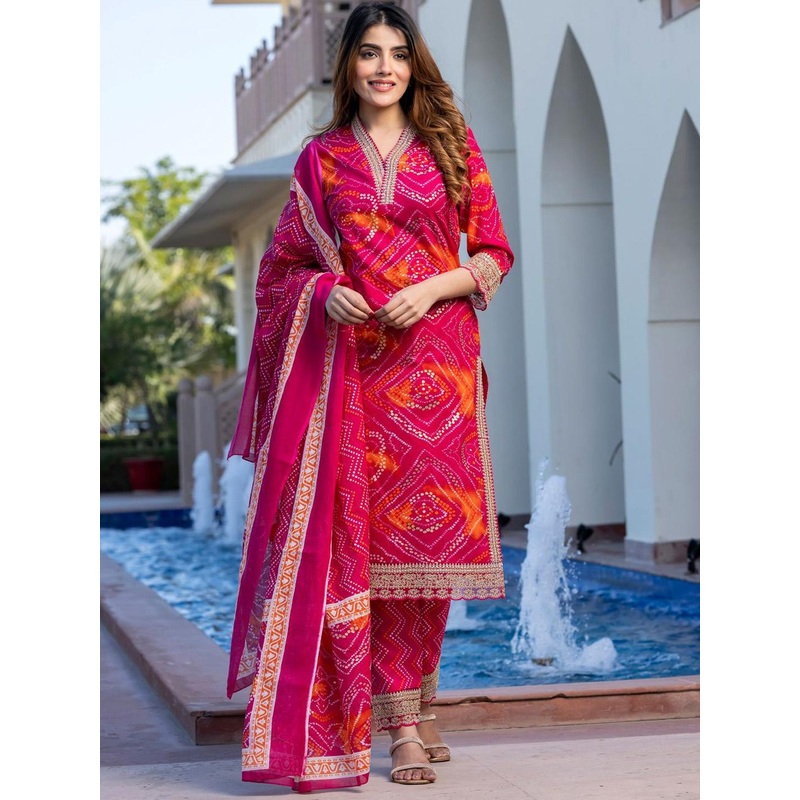 KALINI Bandhani Printed Sequinned Pure Cotton Straight Kurta With Trousers & Dupatta