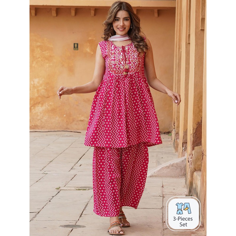 KALINI Ethnic Motifs Printed A-Line Kurta With Sharara & Dupatta