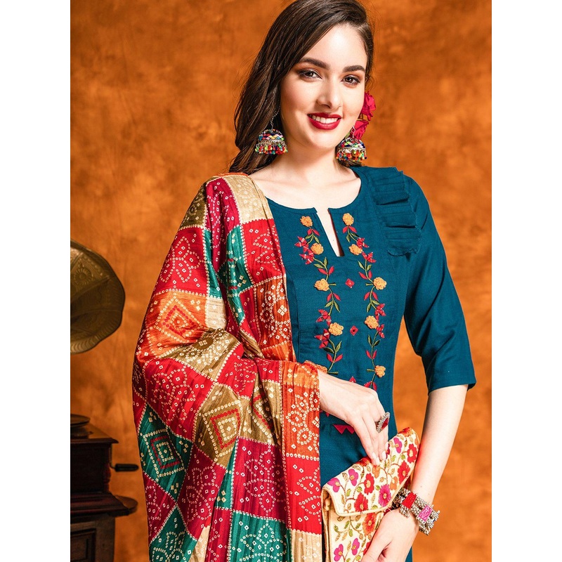 KALINI Floral Embroidered Regular Pure Cotton Kurta With Patiala & Dupatta