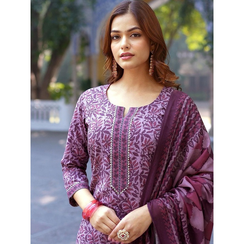 KALINI Floral Printed Notch Neck Gotta Patti Straight Kurta With Trousers & Dupatta