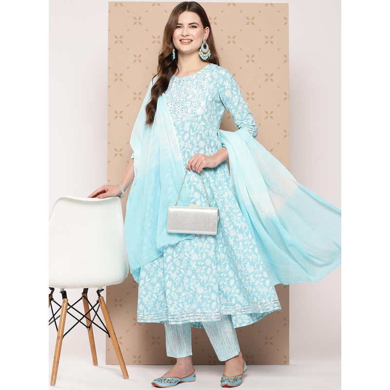 KALINI Pure Cotton Floral Printed Anarkali Kurta With Trousers & With Dupatta