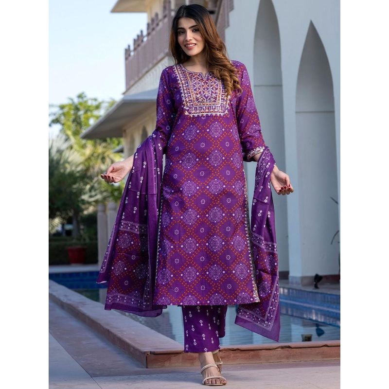 KALINI Women Bandhani Printed Regular Sequinned Pure Cotton Kurta with Trousers & With Dupatta