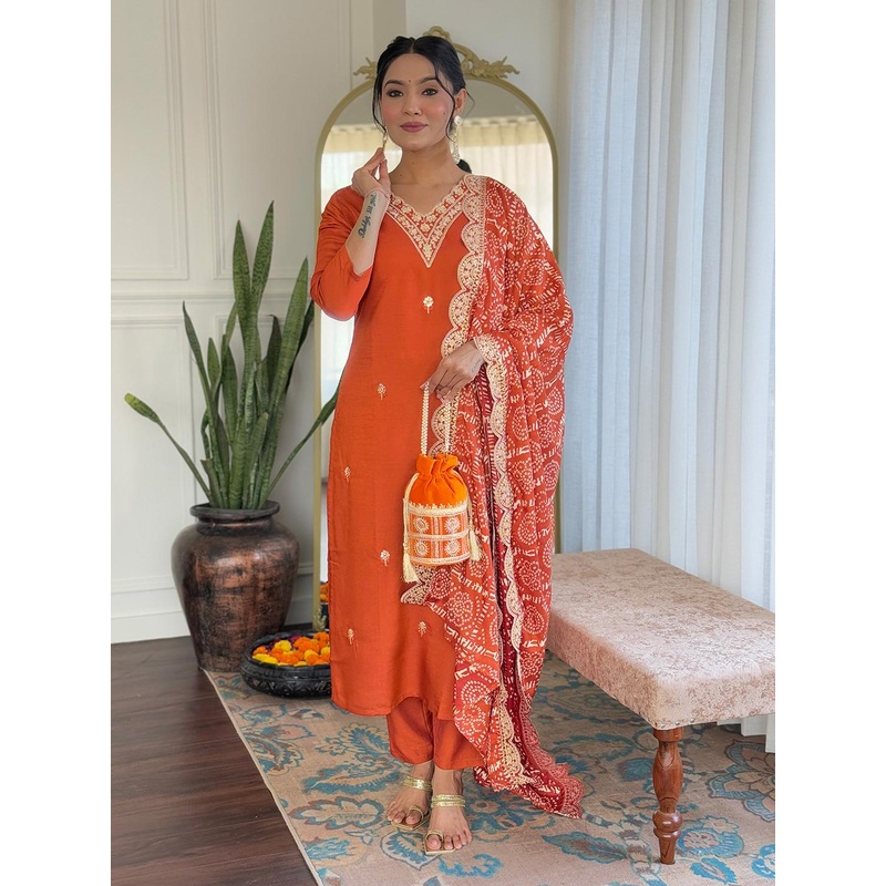 KALINI Zari Floral Embroidered V-Neck Straight Kurta With Trousers & Dupatta