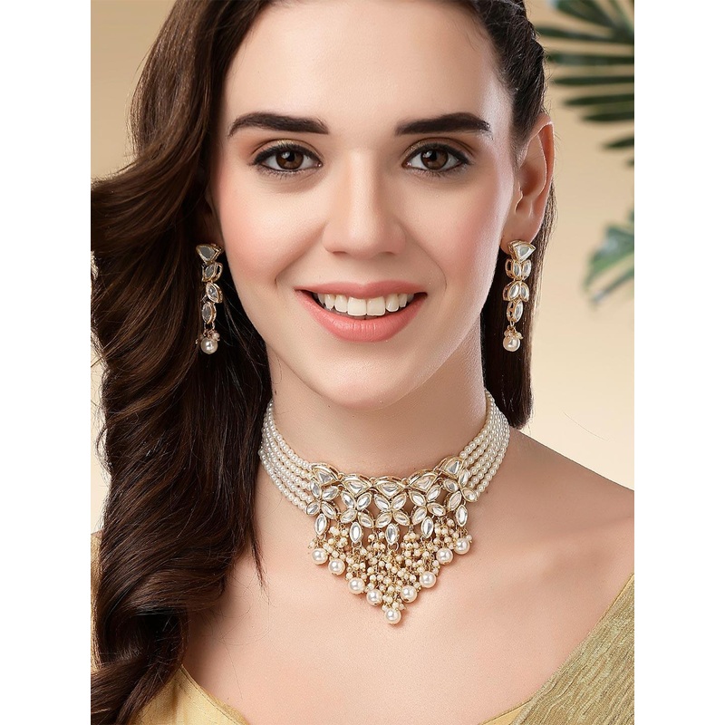 KARATCART Gold-Plated Kundan-Studded & Artificial-Beaded Jewellery Set