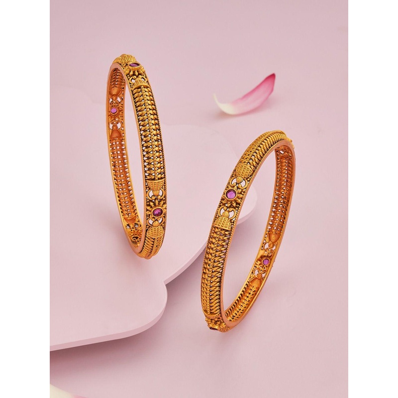 Kushal’s Fashion Jewellery Set Of 2 Ruby Gold-Plated Ethnic Antique Bangles