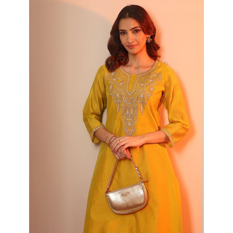 Libas Women Floral Embroidered Fusion Silk Straight Kurta