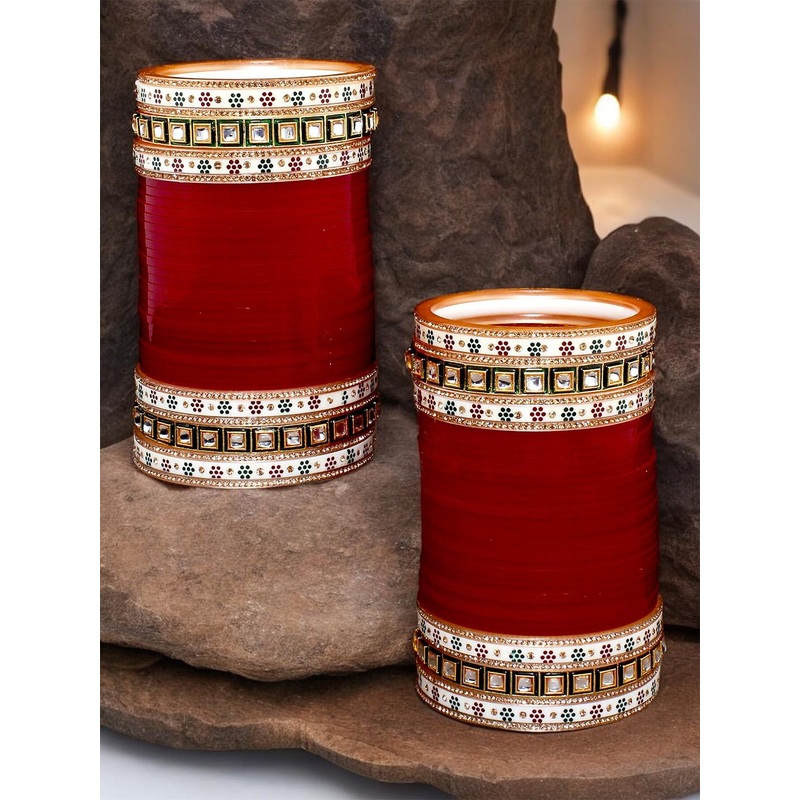 LUCKY JEWELLERY Maroon Red & White CZ Studded Bangles Set