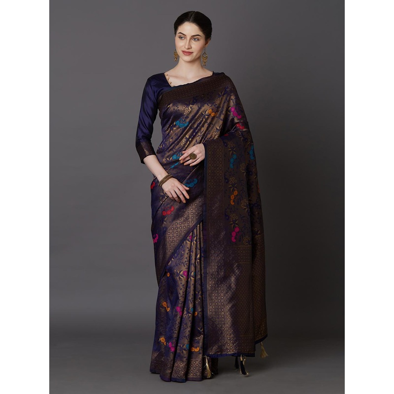 Mitera Navy Blue & Gold-Coloured Silk Blend Woven Design Kanjeevaram Saree