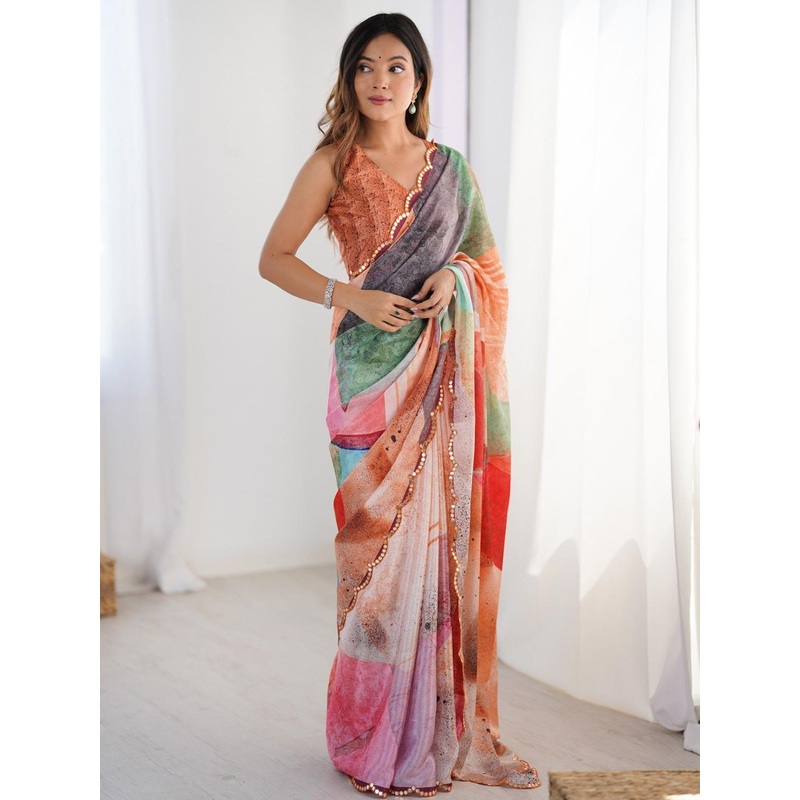 Panzora Leheriya Mirror Work Silk Blend Leheriya Saree