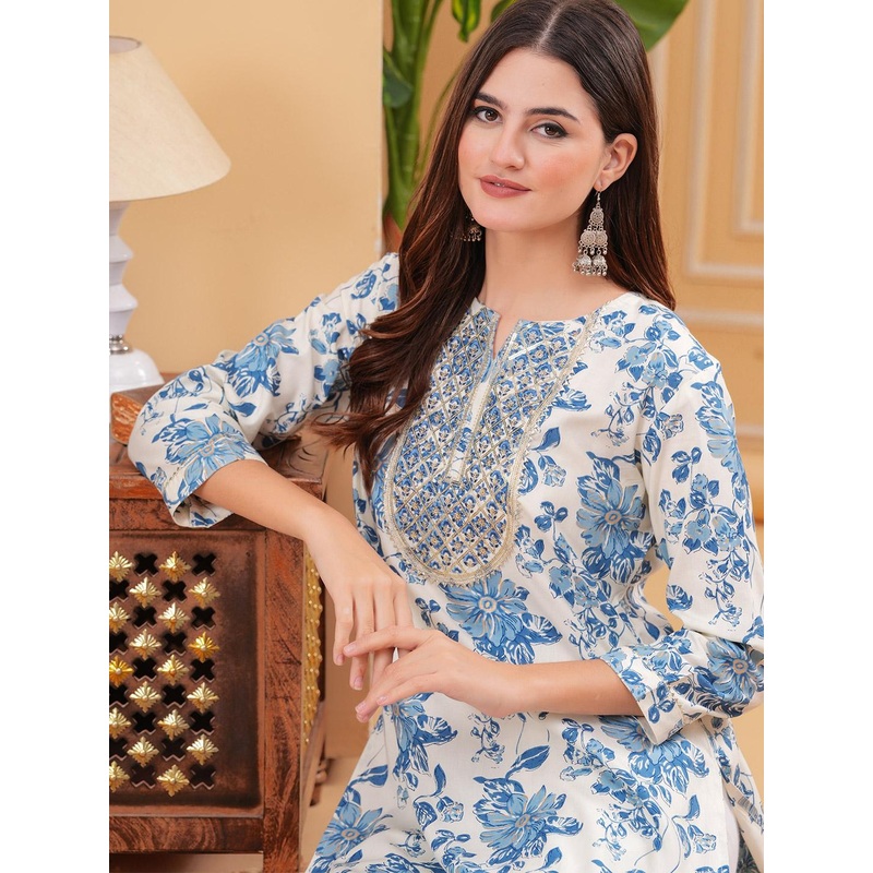 PHYSIL Floral Printed Gotta Patti Round Neck Pure Cotton Straight Kurta