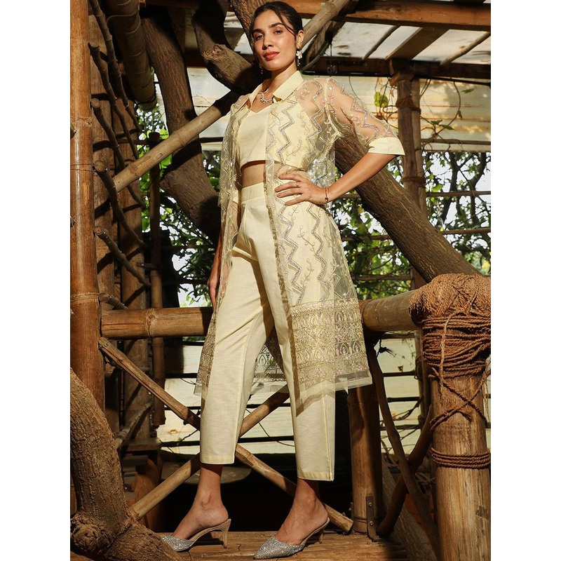 QISSA Embellished Shirt Collar Shrug Crop Top & Trouser Co-Ords