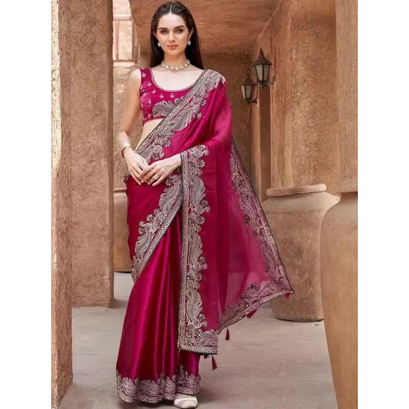 ROFOLO Ethnic Motifs Embroidered Satin Saree