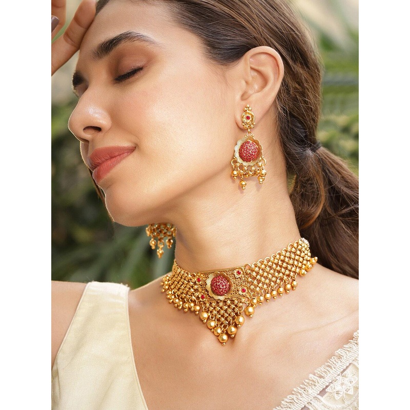 Rubans 22K Gold Plated Ruby Red Stone Studded Gold Beaded Handcrafted Choker Necklace Set