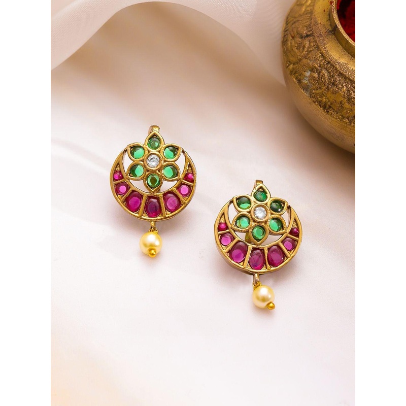 Rubans 22K Gold-Plated Stones Studded & Pearls Beaded Floral Shaped Drop Earrings